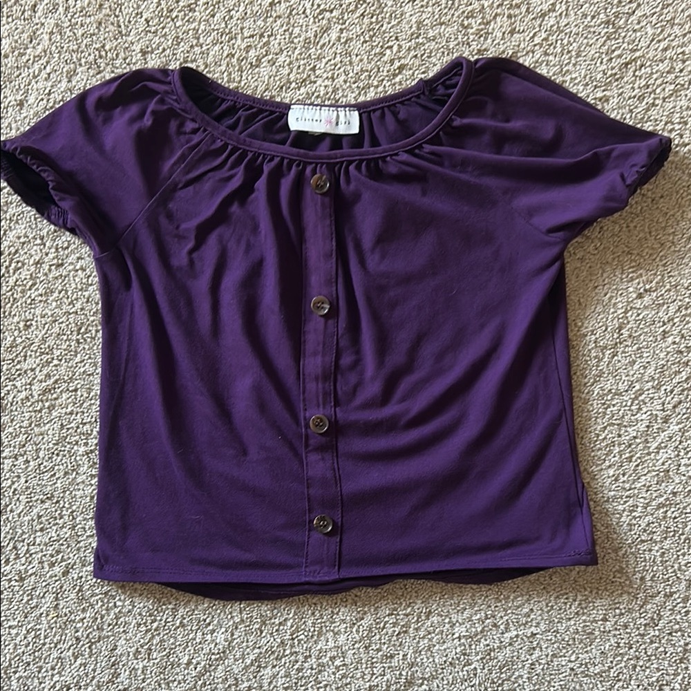 Purple Short Sleeve Tee with Scoop Neck and Ruched Detail